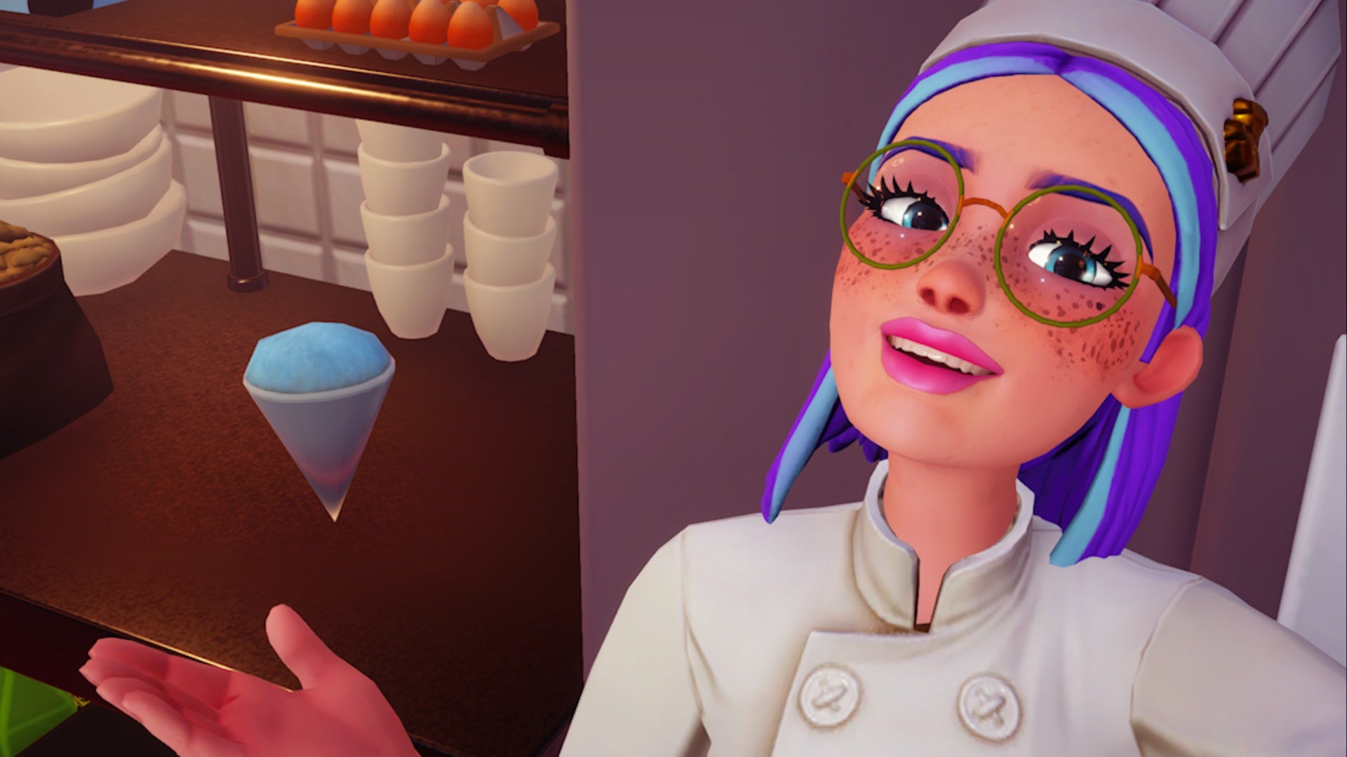 disney dreamlight valley player in chef hat selfie with slush ice