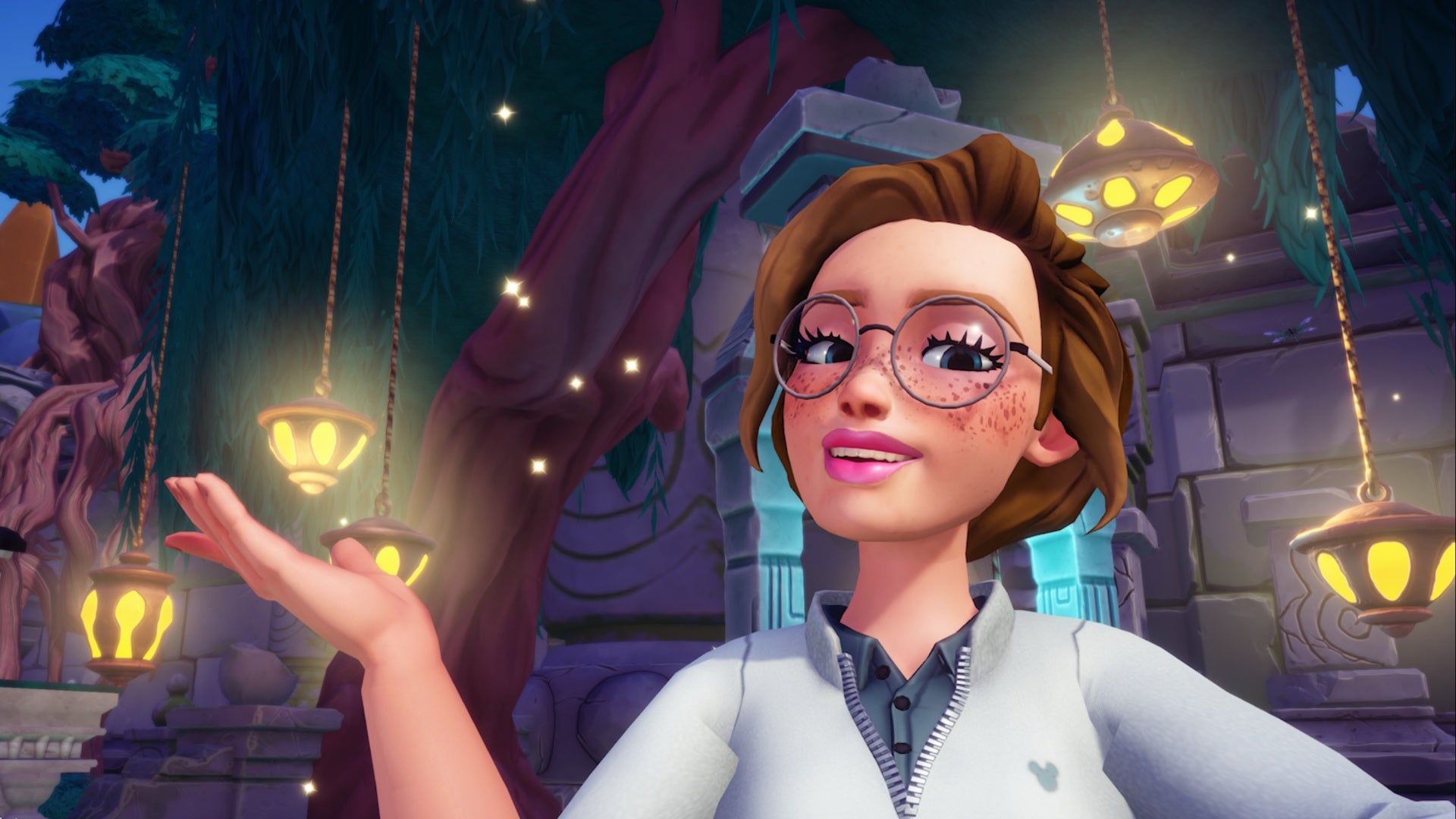 disney dreamlight valley player selfie with lantern tree in the docks