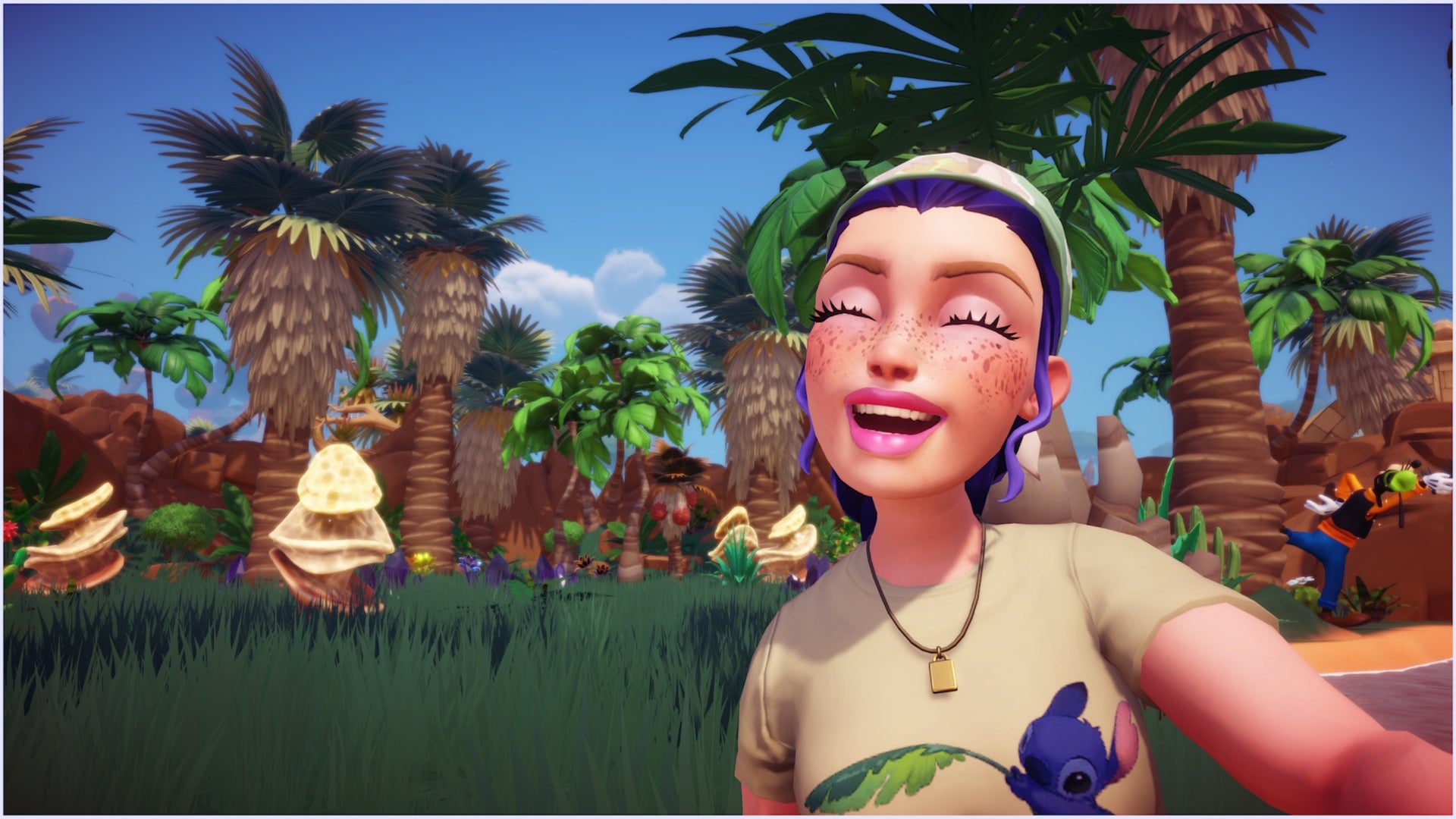 disney dreamlight valley player taking selfie in the oasis on eternity isle
