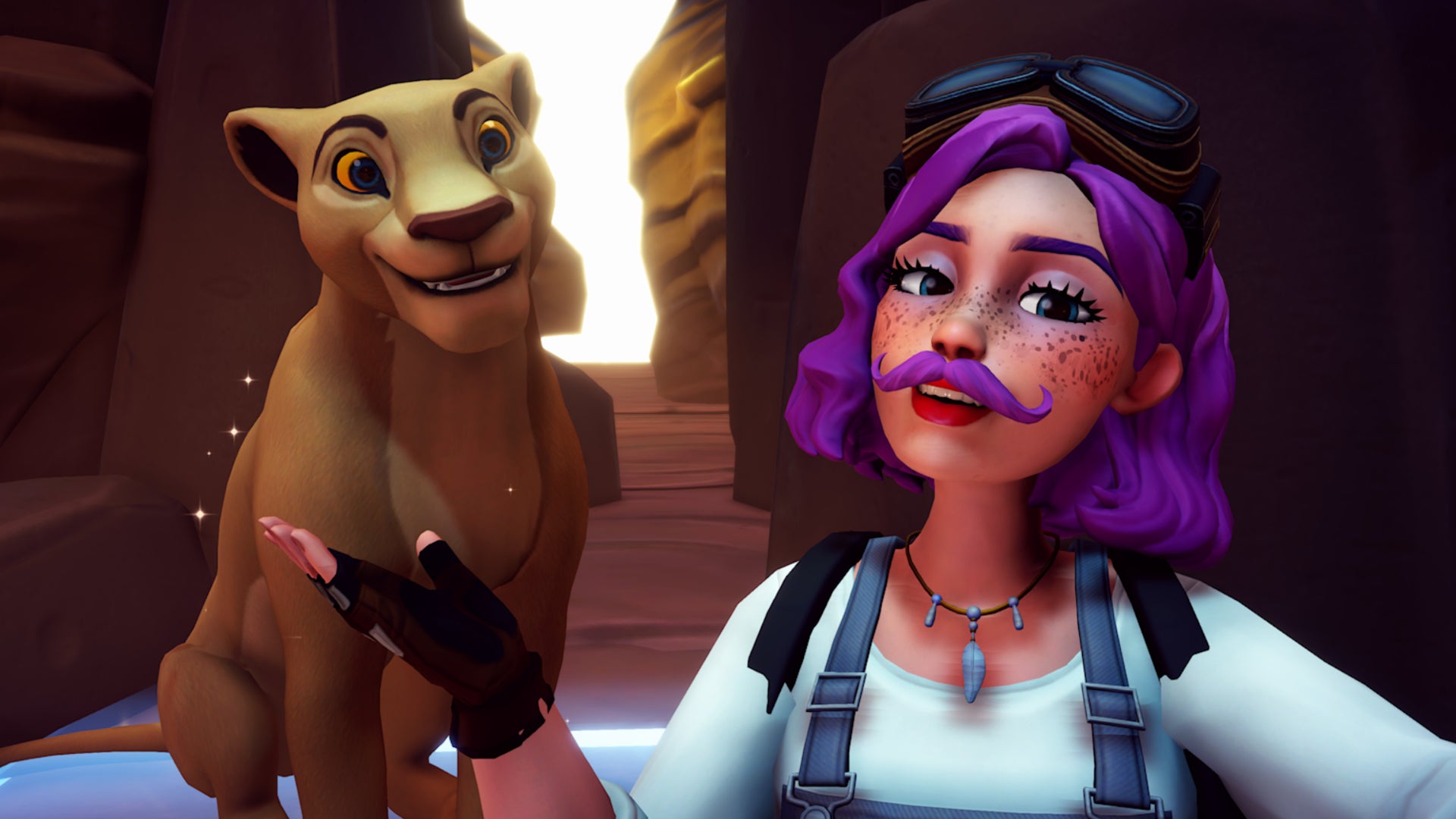 disney dreamlight valley purple hair player posing with sitting nala