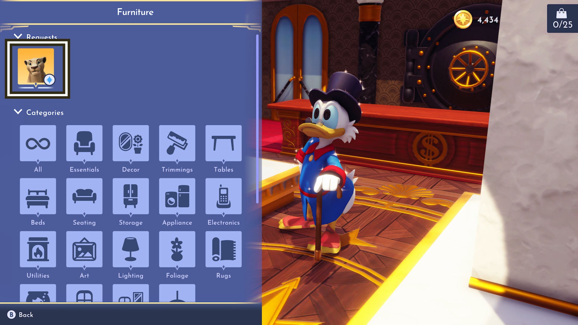 disney dreamlight valley staking territory nala quest scrooge mcduck furniture request menu