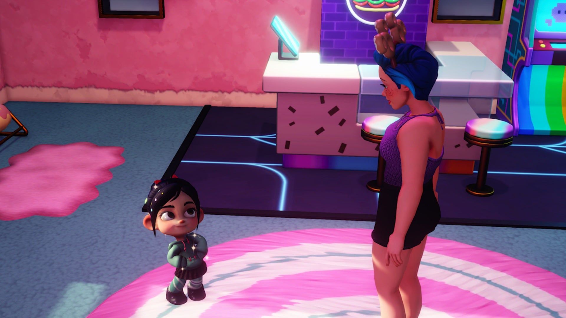 disney dreamlight valley vanellope and player speaking in vanellope&rsquo;s house