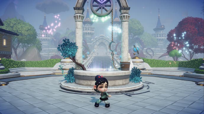 disney dreamlight valley vanellope dancing outside fountain in plaza