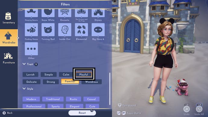 disney dreamlight valley wardrobe filter menu
