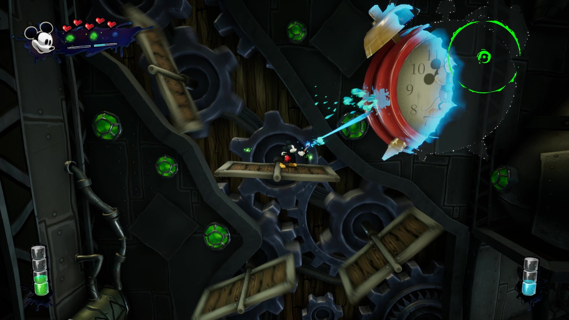 Painting a clock as Mickey climbs platforms in a switch to 2D. - 7