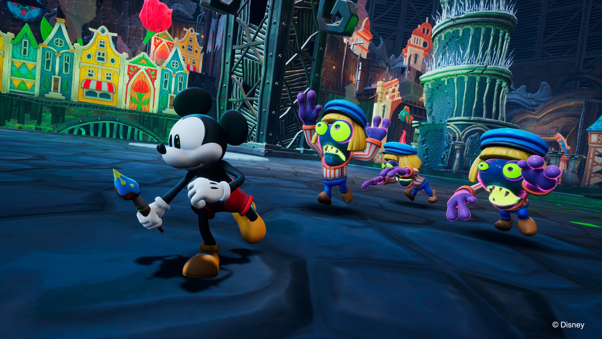 Mickey Mouse runs from some pursuing enemies in Disney Epic Mickey: Rebrushed. - 1