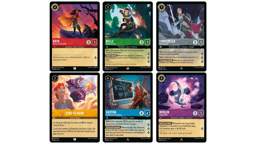 An image of cards from Disney Lorcana: Rise of the Floodborn.