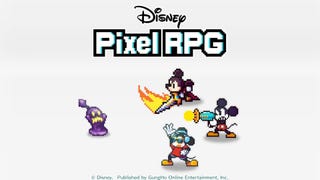 Three versions of Mickey Mouse, all in a pixel art style, one with a sword, one with a laser gun, one with cool glasses, are fighting some kind of purple monster, a logo for Disney Pixel RPG above them.