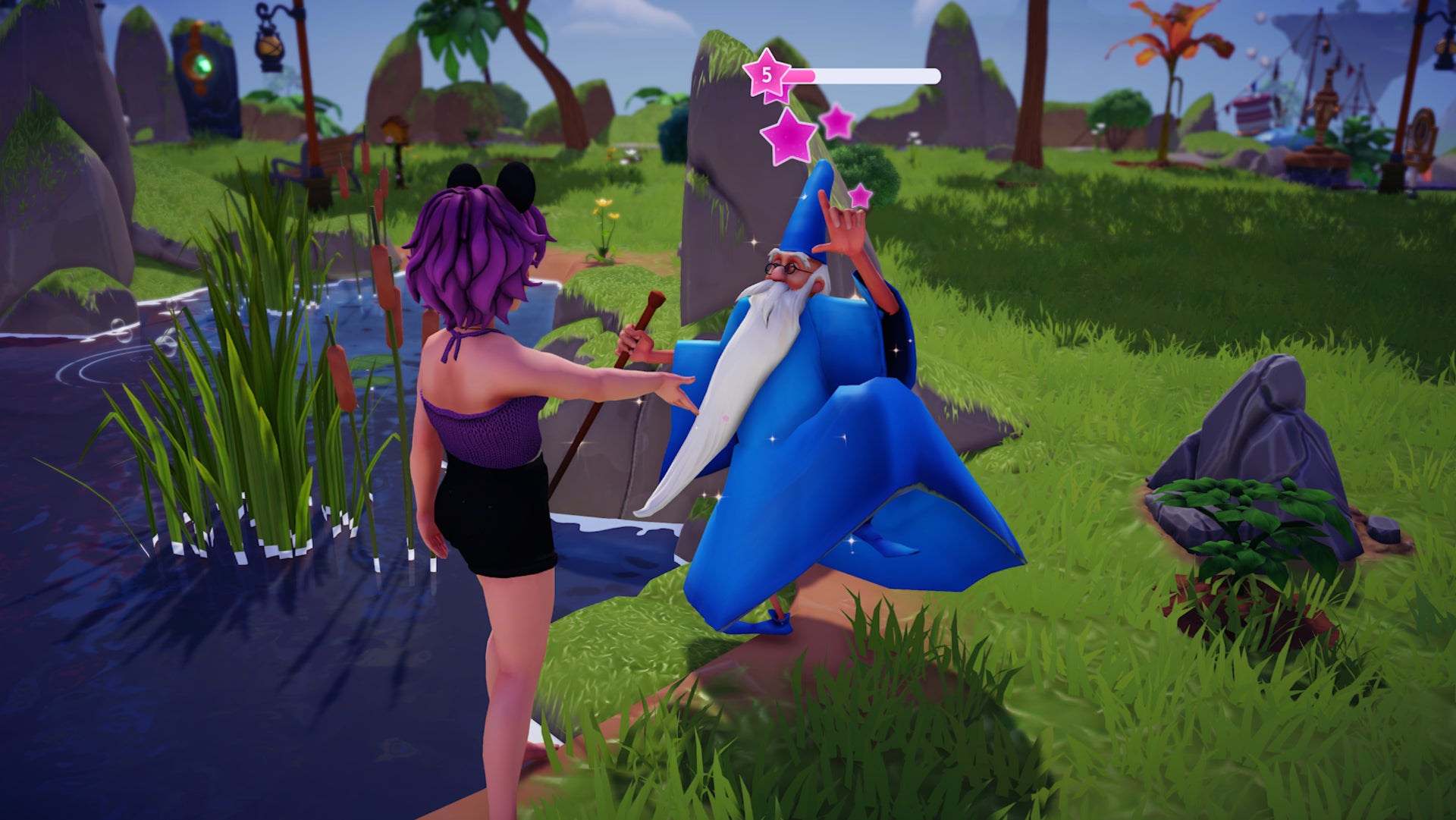 Disney Dreamlight Valley, a character is giving Merlin some Dreamlight