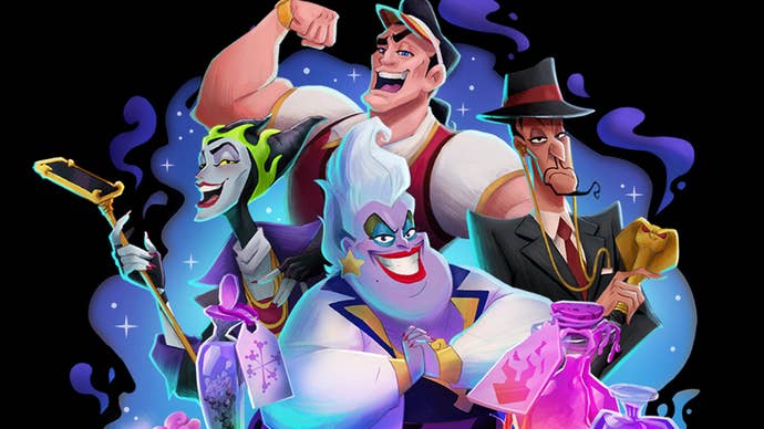 Disney villains in casual outfits all posed together in key art for Disney Villains Cursed Café.