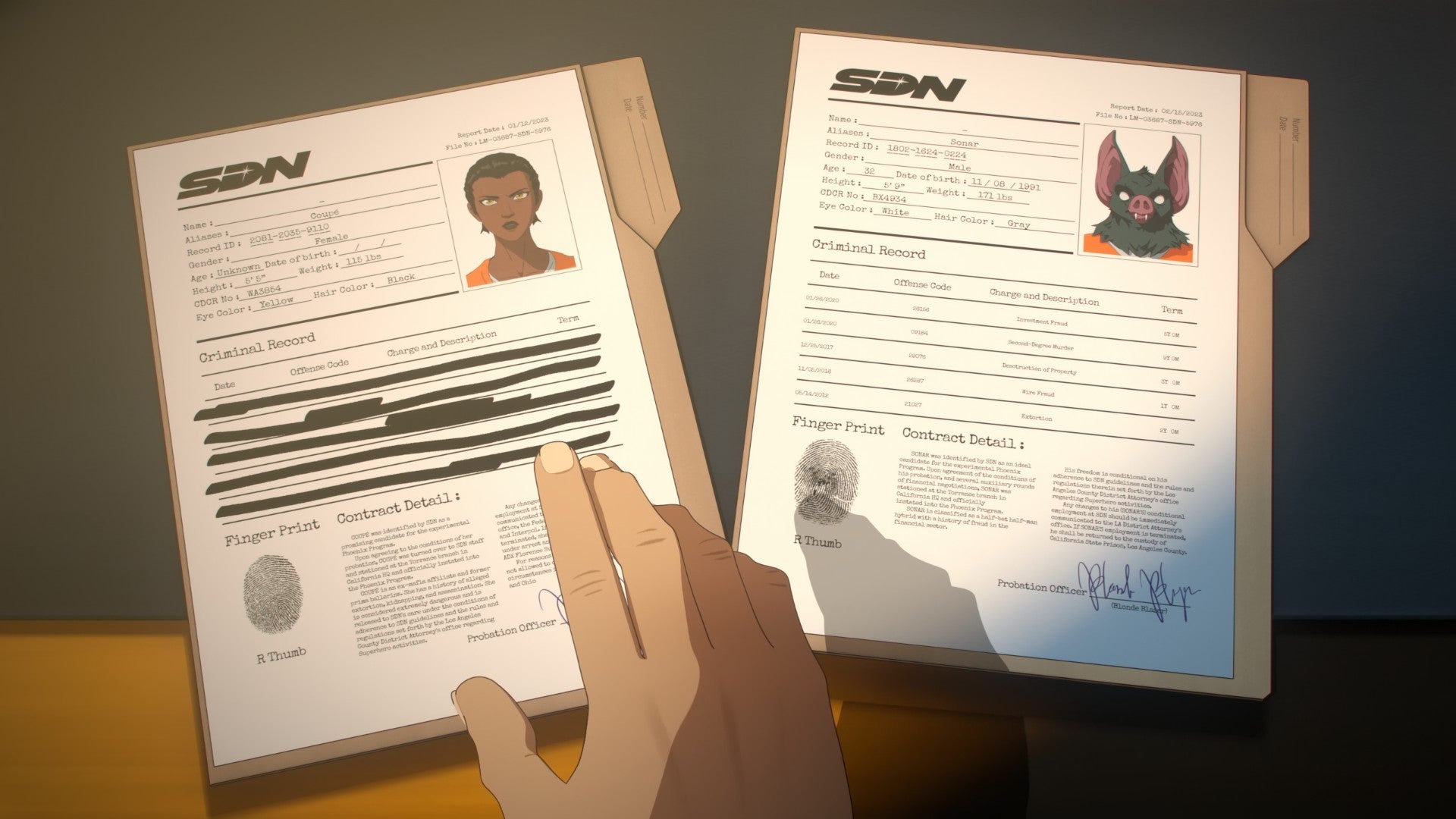 A screenshot from Dispatch, showing Robert choosing between cutting Coupe or Sonar from the team.