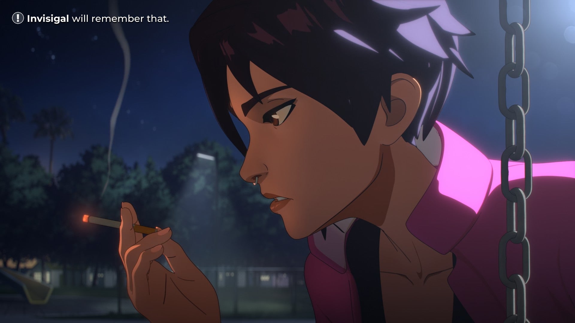 A screenshot from Dispatch, showing Invisigal smoking a cigarette with the notification "Invisigal will remember that" in the top left-hand corner of the screen.