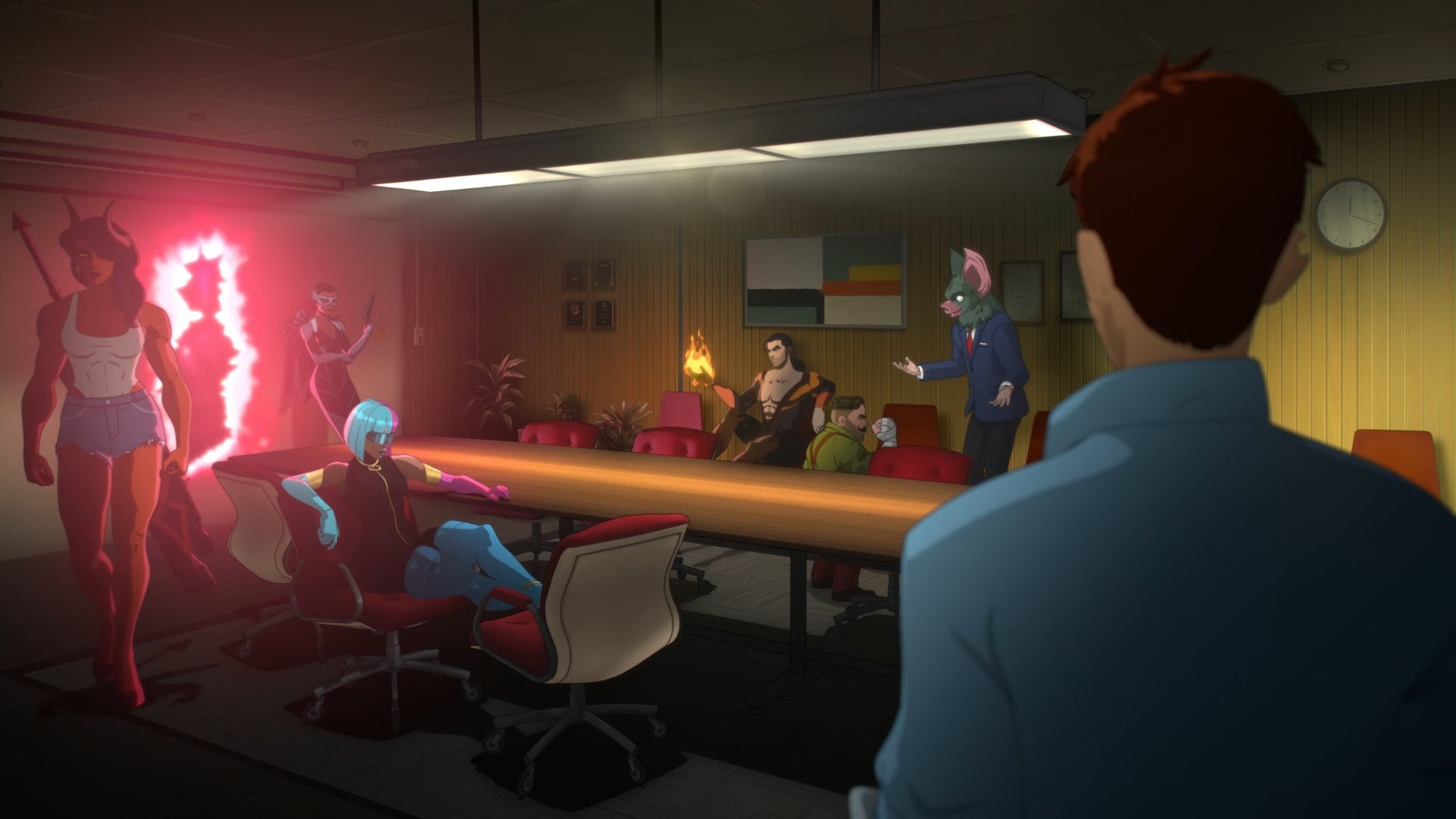 A screenshot from Dispatch, showing Robert entering the staff meeting room and seeing the members of the Z-Team.