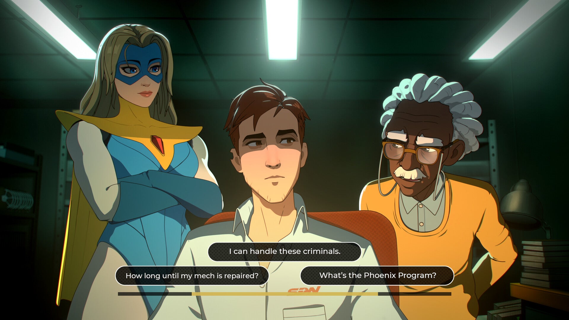 A white superheroine, a white office dispatch guy and an older Black office worker standing around a computer, with dialogue options along the bottom, from the game Dispatch. - 1