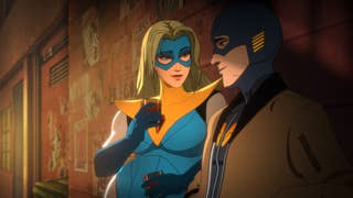 Two superheroes chat in an alley. One wears a mask and a trench coat, but the more striking of the two wears a skin-tight blue and yellow costume over their feminine body.