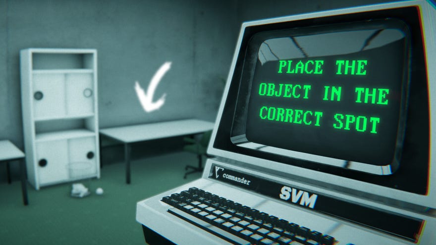 An old school PC says “Place the object in the correct spot” in green text, as a white arrow points to a nearby desk.