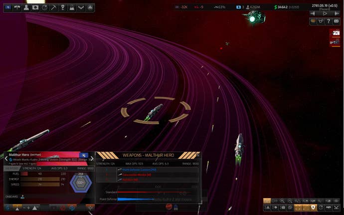 A ship travels across the purple rings of a planet in Distant Worlds 2