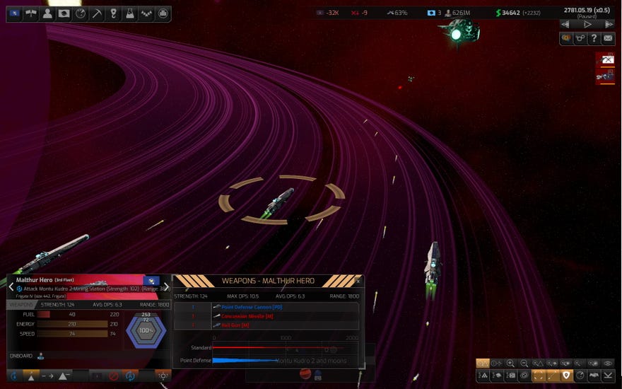 A ship travels across the purple rings of a planet in Distant Worlds 2