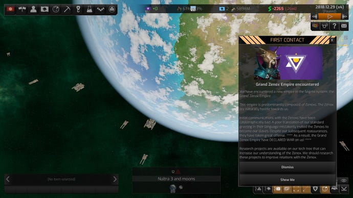 A fleet of ships arrive outside an Earth-like planet in Distant Worlds 2