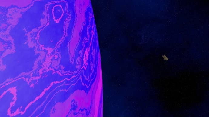 A close-up of a very purple planet and a tiny space ship in Distant Worlds 2