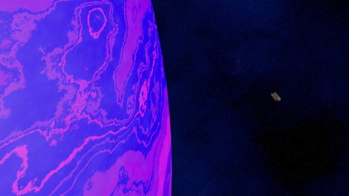 A close-up of a very purple planet and a tiny space ship in Distant Worlds 2