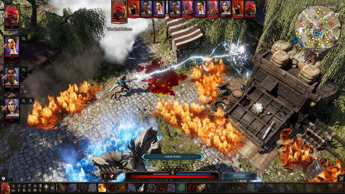 A battle scene in Divinity: Original Sin 2, where The Red Prince fires a lightning bolt across a room that's engulfed in flames