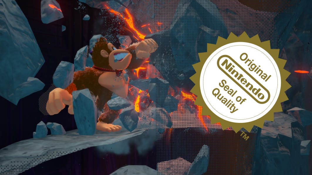 DK Bananza screenshot cropped to show DK smashing some rubble with the camera clipping through faded near-ground scenery, overlaid with an Official Nintendo Seal of Quality