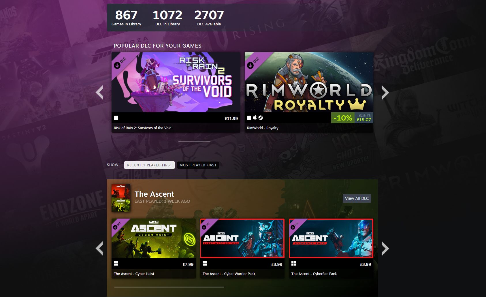 A screenshot of the DLC Discovery Hub.