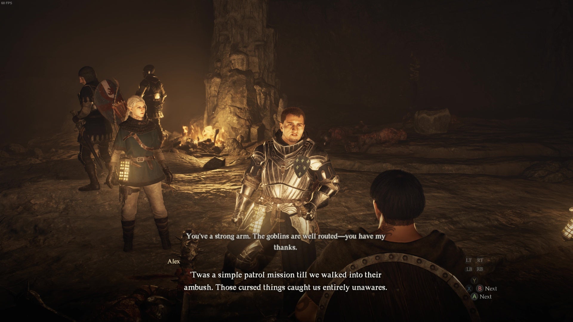 Rescuing a soldier and his party from a dank cave in Dragon's Dogma 2. - 3