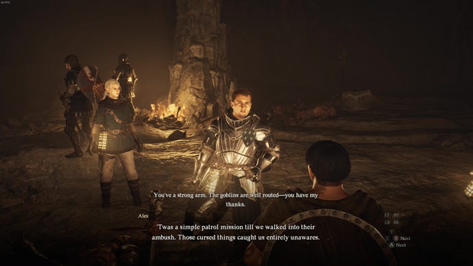 Rescuing a soldier and his party from a dank cave in Dragon's Dogma 2.