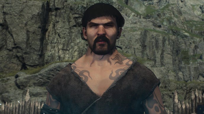 A pawn with a moustache, bowl cut, and tattoos stands to attention in Dragon's Dogma 2.