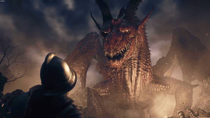 A huge dragon looms over a soldier in Dragon’s Dogma 2.