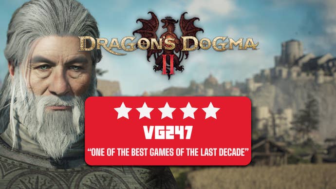 Review header for Dragon’s Dogma 2 that reads: “One of the best games of the last decade” - 5 stars