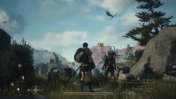 A vista that shows Battahl in the distance and a griffin soaring overhead in Dragon’s Dogma 2.