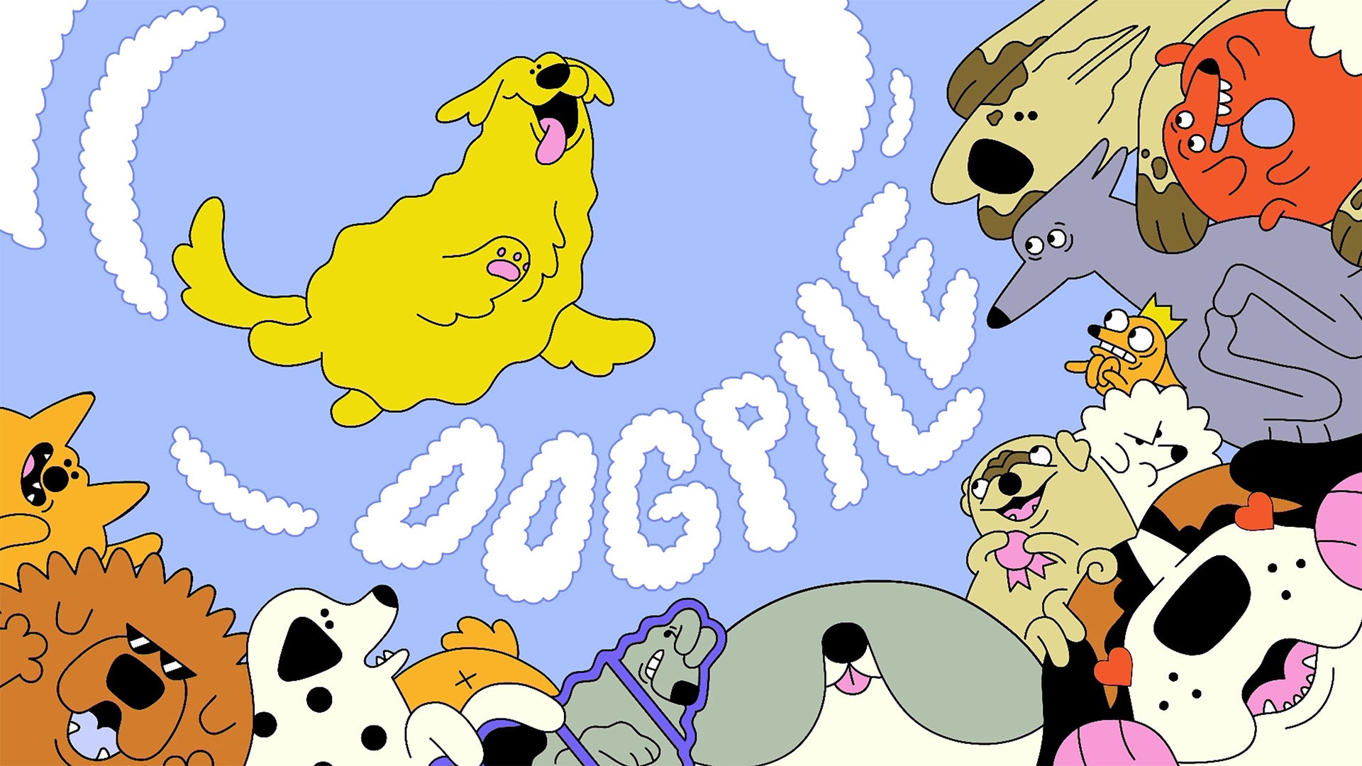 A silly, yellow cartoon dog is jumping in the air above other also silly cartoon dogs, the logo for the game Dogpile drawn to look like clouds between them. - 1