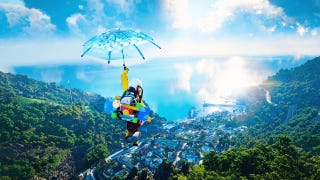 The player glides across DokeV's world on an umbrella.