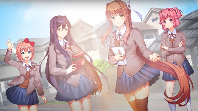 An illustration from Doki Doki Literature Club Plus! showing four anime-style schoolgirls stood cheerfully outside in the sun.