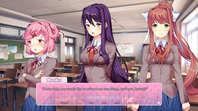 Doki Doki Literature Club Plus - Three highschool girls stand together in a visual novel setup. Monkia says “That’s right, you usually like to write about cute things, don’t you, Natsuki?"
