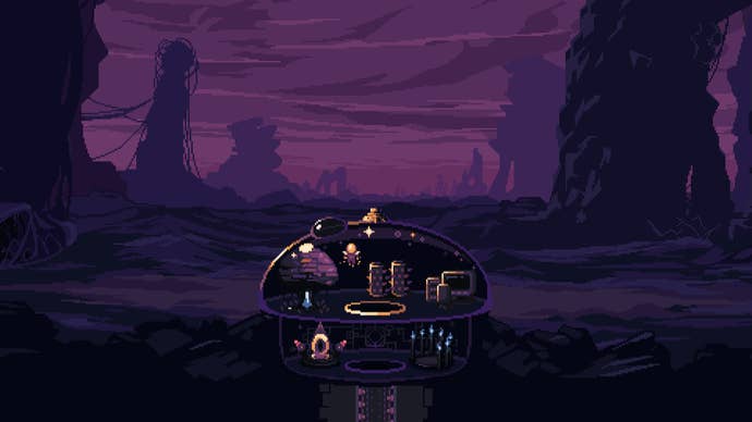 The player floats around their dome in Dome Keeper, surrounded by a purple alien landscape.