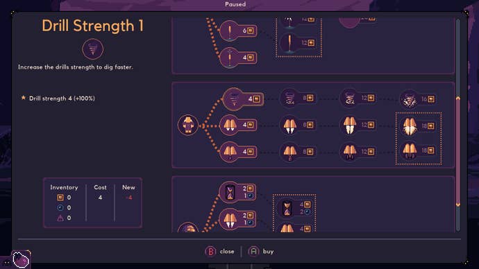 A screenshot of the upgrades screen in Dome Keeper.