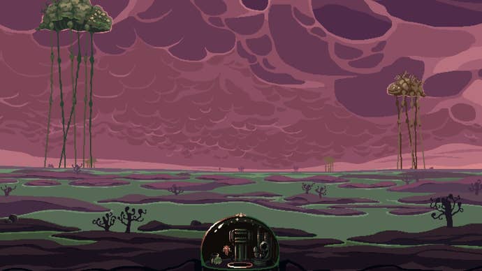 A screenshot from Dome Keeper’s A Keeper’s Duty update that shows a dome, with a backdrop of purple-ish skies and Striders in the distance.