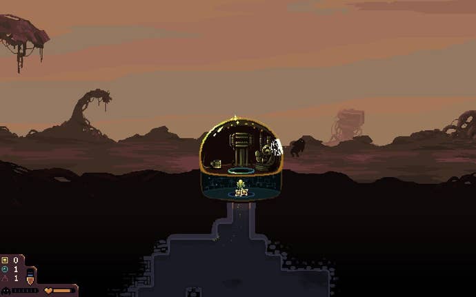 An astronaut flies back to the surface as a monster batters their base in Dome Keeper.