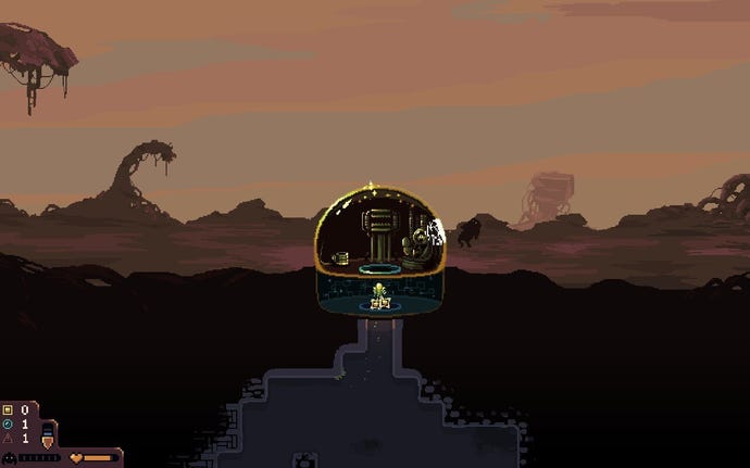 An astronaut flies back to the surface as a monster batters their base in Dome Keeper.