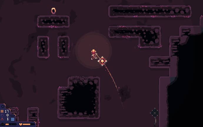 A small astronaut flies through an underground chasm in Dome Keeper.