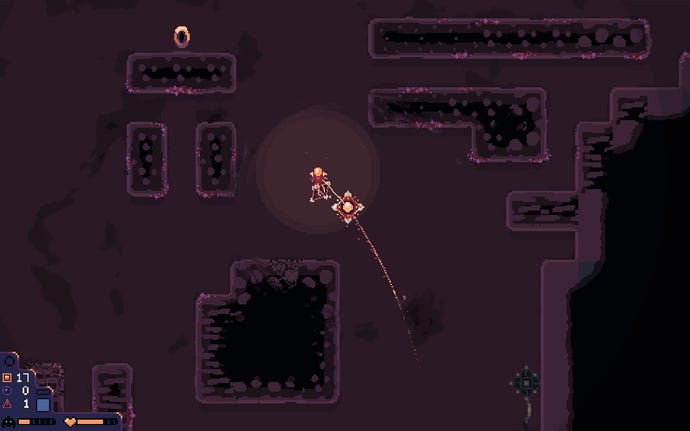 A small astronaut flies through an underground chasm in Dome Keeper.