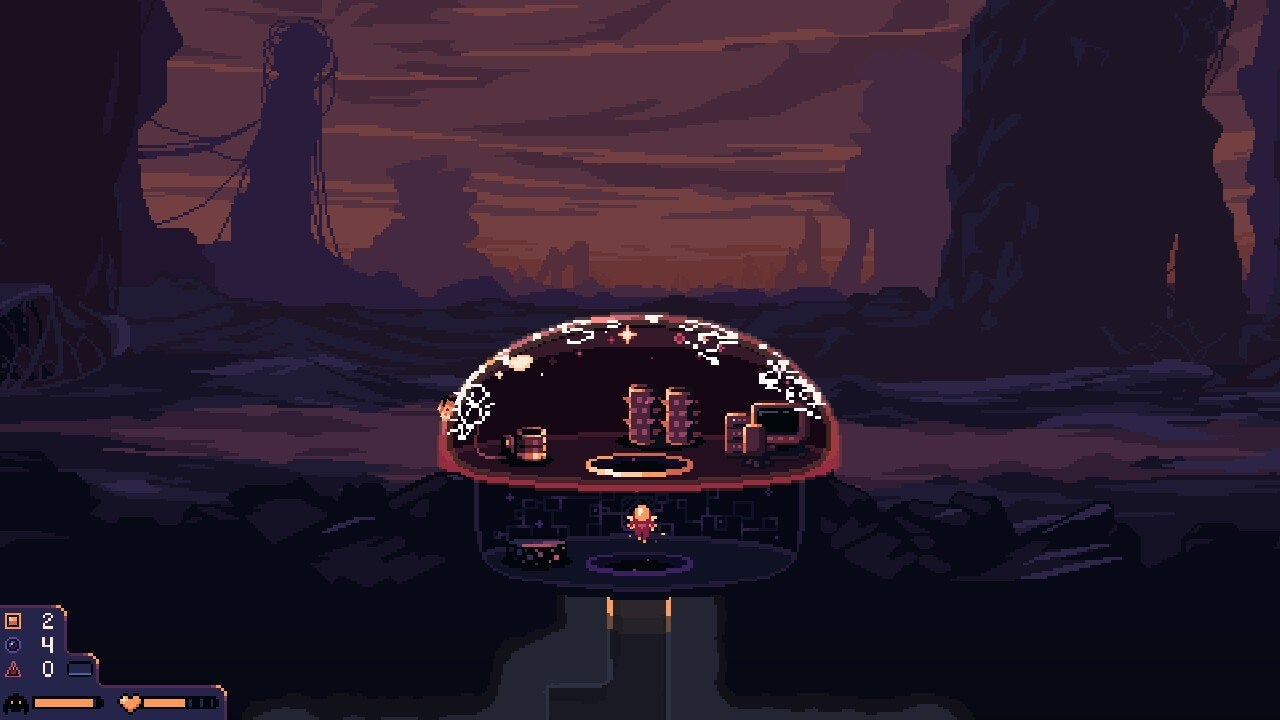 A cracked dome on the surface of an alien planet in Dome Keeper.