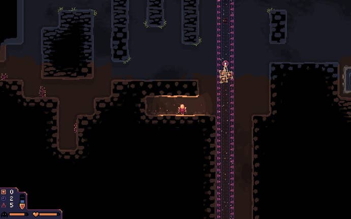 An astronaut drills through an underground chasm with a lift in Dome Keeper.