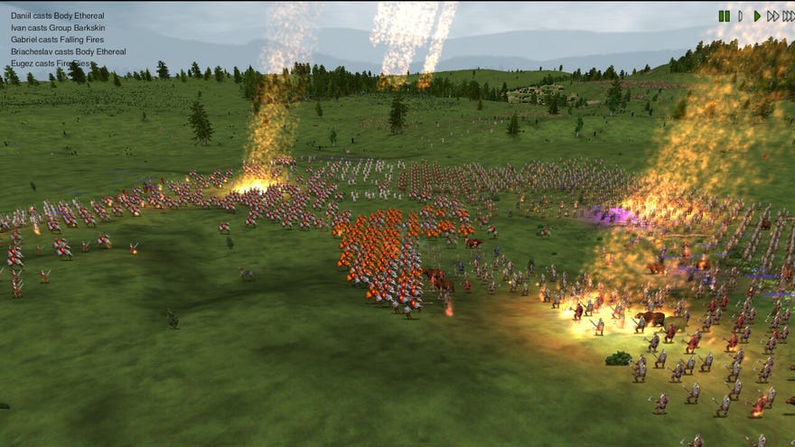 Fire rains from above in a fantasy battle in Dominions 6.