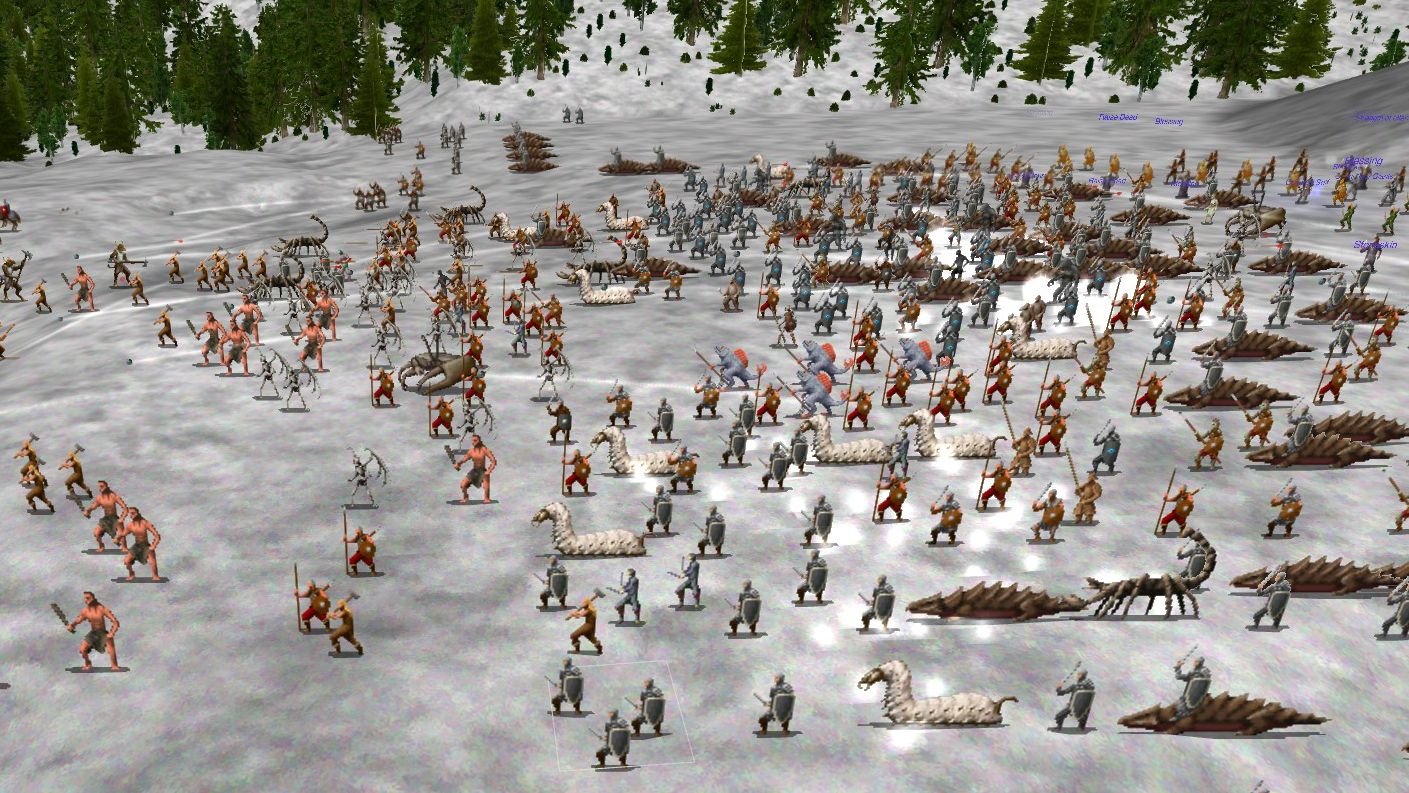 Two infantry armies including giant slugs and scorpions fight in the snow in Dominions 5
