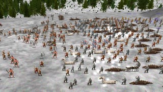 Two infantry armies including giant slugs and scorpions fight in the snow in Dominions 5